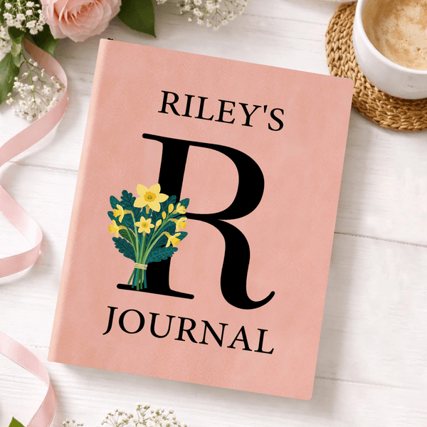 Personalized Birth Flower Bouquet Initial A5 Leather Notebook with Name Office Supplies Birthday Gift for Family Friends