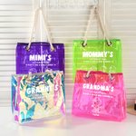 Personalised Cartoon Line Art Transparent Tote Bag with Name Travel Essentials Mother’s Day Birthday Beach Party Gift for Grandma Woman