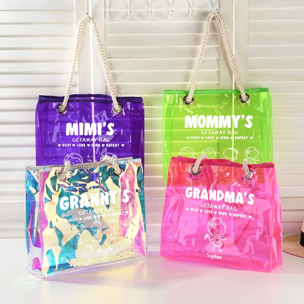Personalised Cartoon Line Art Transparent Tote Bag with Name Travel Essentials Mother’s Day Birthday Beach Party Gift for Grandma Woman