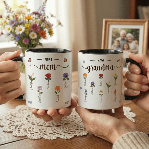 Personalized Faux Yarn Effect Birth Flower First Mom Now Grandma Ceramic Mug with Names Mother's Day Gift for Mom Grandma