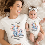 Personalized Elephant Mom Baby 100% Cotton T-shirt Baby Bodysuit with Name and Year Matching Outfit 1st Mother's Day Gift for New Mom