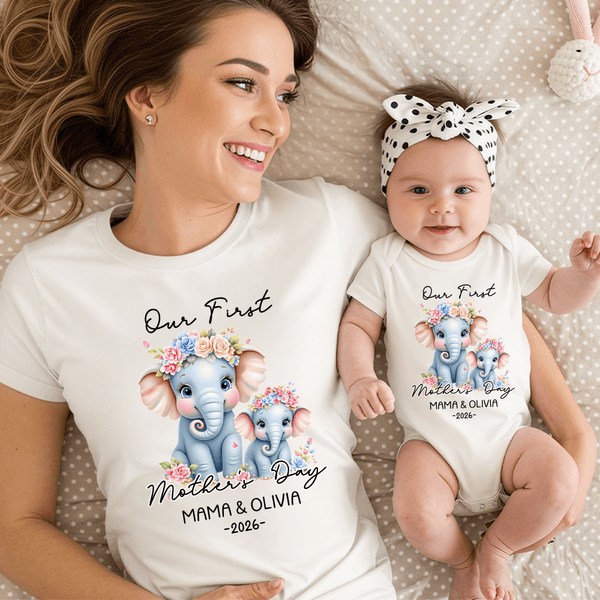 Personalized Elephant Mom Baby 100% Cotton T-shirt Baby Bodysuit with Name and Year Matching Outfit 1st Mother's Day Gift for New Mom