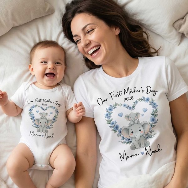 Personalisierter Babybody mit Tierfamilie und Kranz | T-Shirt im Partnerlook wählbar | 100% Baumwolle | mit Namen | Muttertag Geschenk für Babys Mama