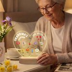 Personalised 1-16 Cartoon Birth Flowers Heart Shape Acrylic LED Night Light with Title Names and Wooden Base Mother's Day Gift for Mom Grandma