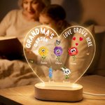 Personalised 1-16 Cartoon Birth Flowers Heart Shape Acrylic LED Night Light with Title Names and Wooden Base Mother's Day Gift for Mom Grandma