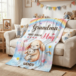 Personalised Grandma Sent You A Hug Cute Cartoon Animal Soft Throw Blanket with Name Home Decor Birthday Mother's Day Gift for Kids