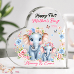 Personalized Wreath Mom Baby Elephant Heart-Shaped Acrylic Plaque with Names and Year Home Decor Mother's Day Gift for Mom Grandma
