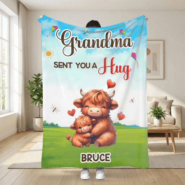 Personalised Grandma Sent You A Hug Cute Cartoon Animal Soft Throw Blanket with Name Home Decor Birthday Mother's Day Gift for Kids