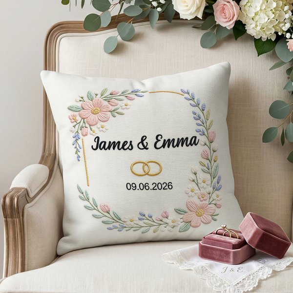 Personalisierte Nachahmung Stickerei Hochzeit Ringe weiches Kissen Abdeckung mit Namen und Datum Hochzeit Jahrestag Geschenk für Paare Newlyweds