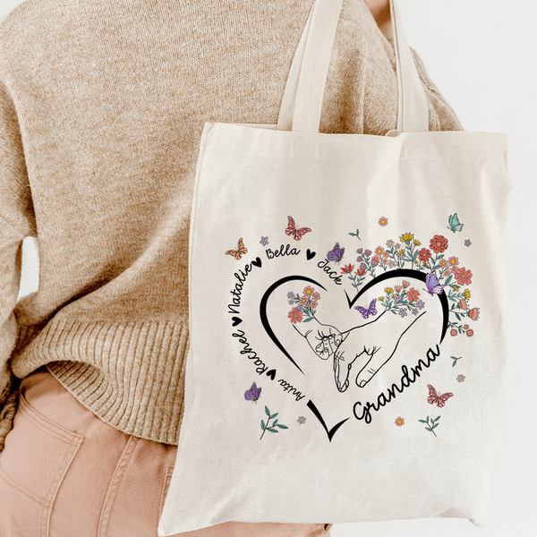 Gepersonaliseerde Hart Outline Hand-in-Hand Bloemen Vlinder Design Canvas Tas met Naam en Handvat Moederdag Verjaardagscadeau voor Mama Huisdierbezitter