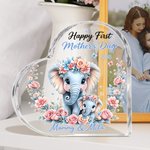 Personalized Wreath Mom Baby Elephant Heart-Shaped Acrylic Plaque with Names and Year Home Decor Mother's Day Gift for Mom Grandma