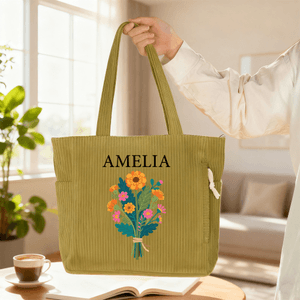 Personalised Multi-Colour Birth Flower Corduroy Tote Bag with Name and Initial Daily Use Birthday Gift for Girlfriend Mom
