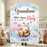 Personalised Grandma Sent You A Hug Cute Cartoon Animal Soft Throw Blanket with Name Home Decor Birthday Mother's Day Gift for Kids