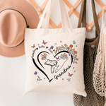 Gepersonaliseerde Hart Outline Hand-in-Hand Bloemen Vlinder Design Canvas Tas met Naam en Handvat Moederdag Verjaardagscadeau voor Mama Huisdierbezitter