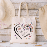 Gepersonaliseerde Hart Outline Hand-in-Hand Bloemen Vlinder Design Canvas Tas met Naam en Handvat Moederdag Verjaardagscadeau voor Mama Huisdierbezitter