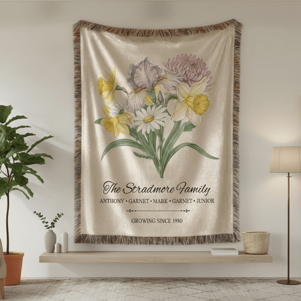 Gepersonaliseerde 1-6 Geboorte Bloemen Kwastje Zachte Deken met Namen Tekst en Titel Moederdag Verjaardagscadeau voor Oma Moeder