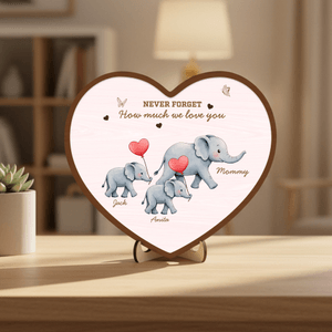 Personalised Never Forget How Much We Love You Elephant Heart Wooden Decoration with Name Mother's Day Birthday Gift for Mom Grandma