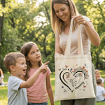 Gepersonaliseerde Hart Outline Hand-in-Hand Bloemen Vlinder Design Canvas Tas met Naam en Handvat Moederdag Verjaardagscadeau voor Mama Huisdierbezitter