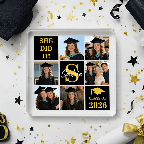 Personalised Multi-Colour 6 Photos Square Acrylic Plaque with Name and Initial Desktop Decor Graduation Gift for Graduate Friend