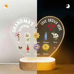 Personalised 1-16 Cartoon Birth Flowers Heart Shape Acrylic LED Night Light with Title Names and Wooden Base Mother's Day Gift for Mom Grandma