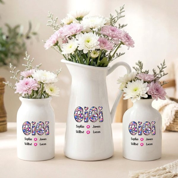 Personalized Retro Floral Title Ceramic Flower Vase with 1-12 Names Home Decor Birthday Mother's Day Gift for Mom Grandma Woman