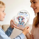 Personalized Wreath Mom Baby Elephant Heart-Shaped Acrylic Plaque with Names and Year Home Decor Mother's Day Gift for Mom Grandma