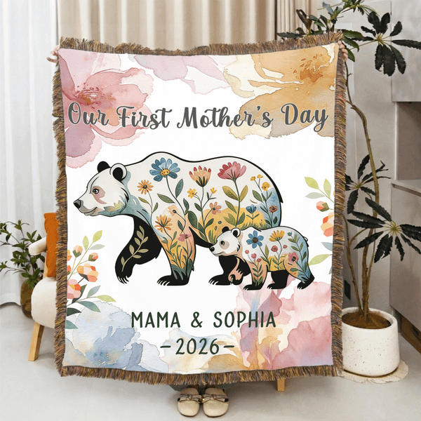 Personalised Flower Parent-Child Bear Tassel Soft Throw Blanket with Name and Year Home Decor Mother's Day Birthday Anniversary Gift for Mothers Kids