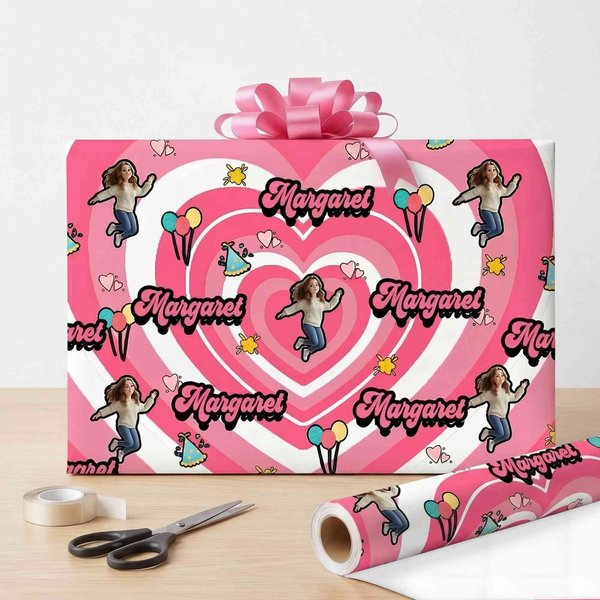 Personalised Cartoon Full Body Photo Heart Balloon Birthday Hat Wrapping Paper with Name Funny Birthday Favor for Family Friends