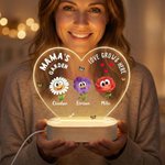 Personalised 1-16 Cartoon Birth Flowers Heart Shape Acrylic LED Night Light with Title Names and Wooden Base Mother's Day Gift for Mom Grandma