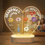Personalised 1-16 Cartoon Birth Flowers Heart Shape Acrylic LED Night Light with Title Names and Wooden Base Mother's Day Gift for Mom Grandma