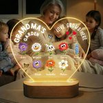 Personalised 1-16 Cartoon Birth Flowers Heart Shape Acrylic LED Night Light with Title Names and Wooden Base Mother's Day Gift for Mom Grandma