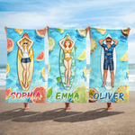 Personalized Cartoon Surfer Character Quick Dry Oversized Beach Towel with Name Summer Vacation Daily Use Birthday Gift for Friends
