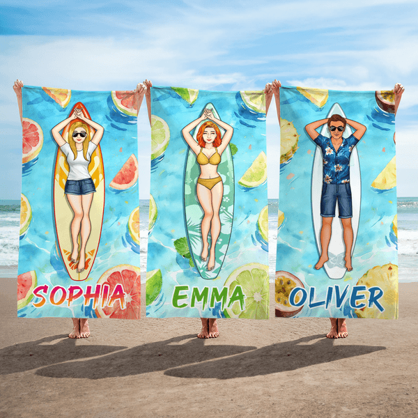 Personalized Cartoon Surfer Character Quick Dry Oversized Beach Towel with Name Summer Vacation Daily Use Birthday Gift for Friends