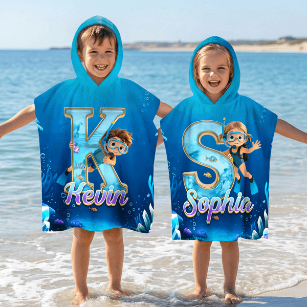 Personalized Cartoon Diving Character Initial Soft Hooded Beach Towel with Name Summer Vacation Beach Pool Party Birthday Gift for Boys Girls