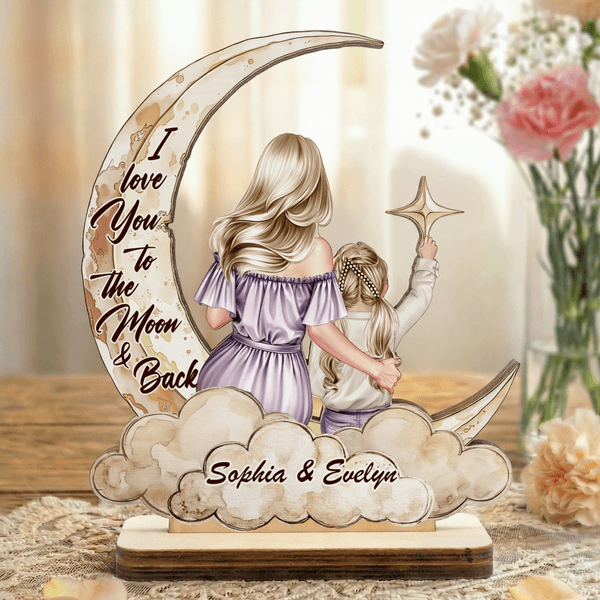 Ornement en bois avec nom Personnalisé Personnage Cartoon Moon Star Cloud Décoration de bureau Anniversaire Fête des Mères Cadeau pour Maman Enfant