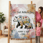 Personalised Flower Parent-Child Bear Tassel Soft Throw Blanket with Name and Year Home Decor Mother's Day Birthday Anniversary Gift for Mothers Kids