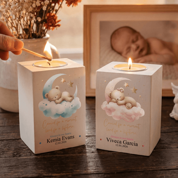Personalised Watercolor Sleeping Bear Wooden Candle Jar with Name and Date Home Decor Memorial Gift for Loss of Baby Family