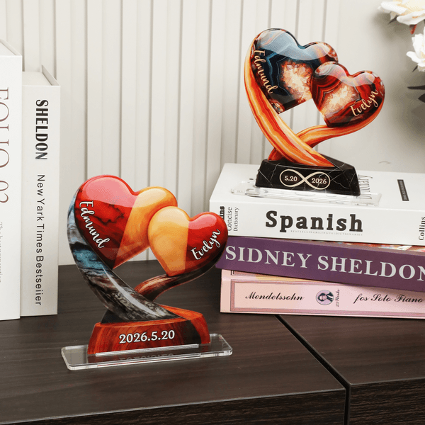 Henkilökohtainen Intertwined Heart Tree Akryyli Ornamentti nimet ja päivämäärä Työpöydän sisustus Vuosipäivä Syntymäpäivälahja pariskunnalle