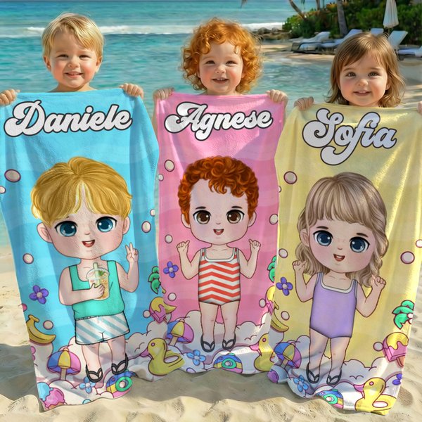 Telo mare personalizzato in microfibra con nome e personaggio animato, oversize, antisabbia, asciugatura rapida - Regalo per bambini e famiglia