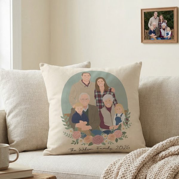 Personalised Multi-Colour Flat Style Group Photo Soft Cushion Cover with Bottom Text Home Decor Mother's Day Gift for Mom Grandma