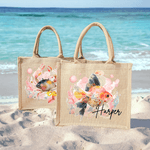 Bolsa de yute grande con nombre Accesorios de viaje Fiesta en la playa Regalo de cumpleaños personalizado Tortuga marina de acuarela Animales del océano para mujer