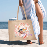 Bolsa de yute grande con nombre Accesorios de viaje Fiesta en la playa Regalo de cumpleaños personalizado Tortuga marina de acuarela Animales del océano para mujer