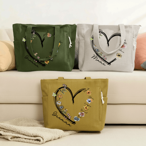Personalised Birth Flower Corduroy Large Capacity Tote Bag with Nickname and Names Daily Use Travel Mother's Day Gift for Mom Grandma