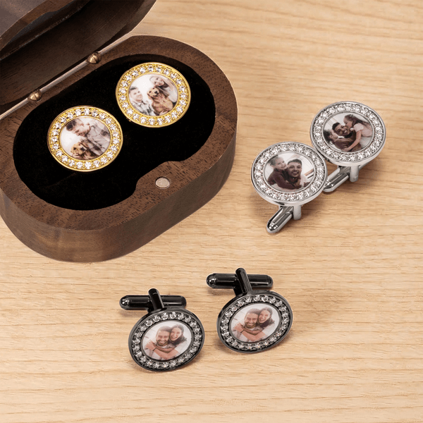 Personalized Family Photo Circular Cufflinks with Wooden Storage Box Wedding Anniversary Birthday Gift for Husband Groomsman Boyfriend