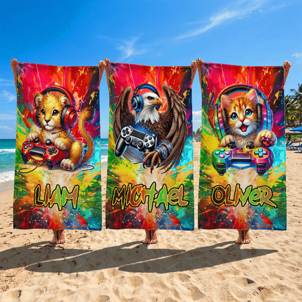 Serviette de plage surdimensionnée à séchage rapide avec nom Fête de la plage, piscine, vacances d'été Cadeau pour Gamer Kid