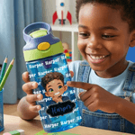 Personalised Cute Black Boy Kid Water Bottle with Name and Silicone Straw Outdoors Birthday Back to School Gift for Black Boy