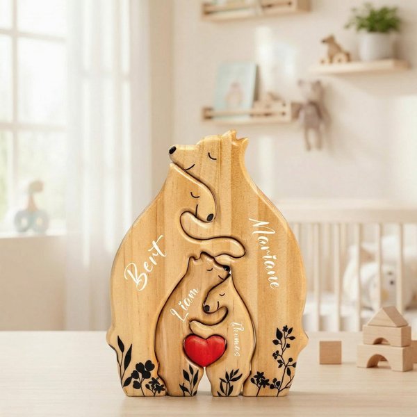 Personalized Wooden Bear Family Puzzle with 2-8 Names and Red Heart Desk Decoration Birthday Mother's Day Gift for Family