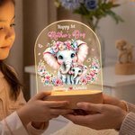 Personalized Cute Floral Mom-Baby Elephant Arched LED Night Light with Name and Wooden Base Home Decor 1st Mother's Day Gift for Mother Baby