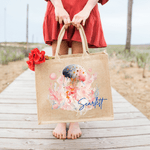 Bolsa de yute grande con nombre Accesorios de viaje Fiesta en la playa Regalo de cumpleaños personalizado Tortuga marina de acuarela Animales del océano para mujer