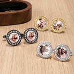Personalized Family Photo Circular Cufflinks with Wooden Storage Box Wedding Anniversary Birthday Gift for Husband Groomsman Boyfriend